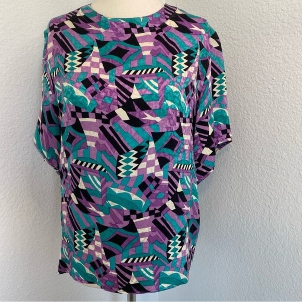 Silktime Purple Black Abstract Chevron Batik Tribal Short Slv Cut Out Size S